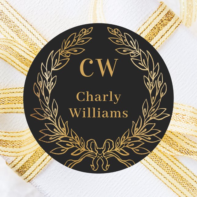 Black gold monogram initials wreath classic round sticker (Creator Uploaded)