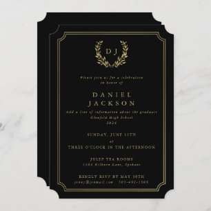 Black/Gold Monogram Laurel Wreath Graduation Invitation