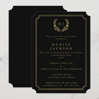 Black/Gold Monogram Laurel Wreath Graduation Invitation
