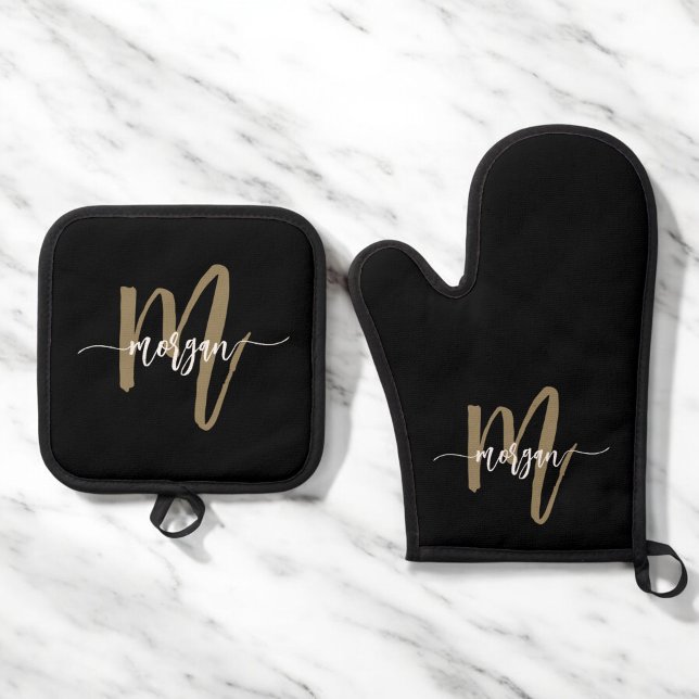 Black Gold Monogram Modern Kitchen Script Oven Mitt & Pot Holder Set (Creator Uploaded)