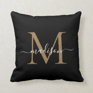 Black Gold Monogram Modern Stylish Feminine Script Cushion