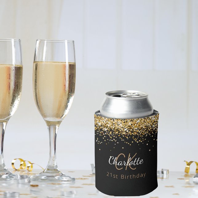 Black gold monogram name birthday can cooler (Creator Uploaded)