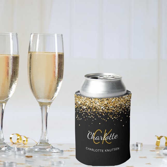 Black gold monogram name birthday can cooler (Creator Uploaded)