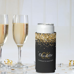 Black gold monogram name birthday seltzer can cooler
