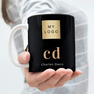 Black gold monogram name business coffee mug