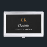 Black gold monogram name elegant modern business card holder<br><div class="desc">A classic chic black background. Personalise and add your first name,  monogram initials and full name. Modern,  trendy and simple.</div>