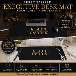Black Gold Monogram Name Initials Office Desk Mat