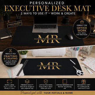 Black Gold Monogram Name Initials Office Desk Mat
