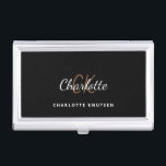Black gold monogram name minimalist business card holder<br><div class="desc">A classic chic black background. Personalise and add your first name,  monogram initials and full name. Modern,  trendy and simple.</div>