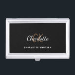 Black gold monogram name minimalist business card holder<br><div class="desc">A classic chic black background. Personalise and add your first name,  monogram initials and full name. Modern,  trendy and simple.</div>
