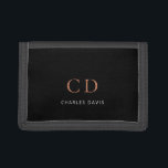 Black gold monogram name minimalist trifold wallet<br><div class="desc">A stylish black background. Personalise and add your monogram initials and full name. For both him and her.</div>