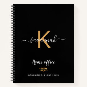 Black gold monogram name script elegant notebook