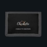 Black gold monogram name script minimalist trifold wallet<br><div class="desc">A stylish black background. Personalise and add your first name,  monogram initials and full name. The name is written with a hand lettered style script.</div>