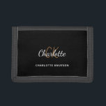 Black gold monogram name script minimalist trifold wallet<br><div class="desc">A stylish black background. Personalise and add your first name,  monogram initials and full name. The name is written with a hand lettered style script.</div>
