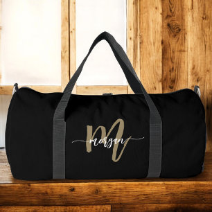 Black Gold Monogram Name Script Sports Duffle Bag