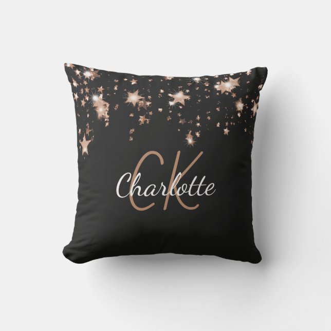 Black gold monogram name stars cushion (Front)