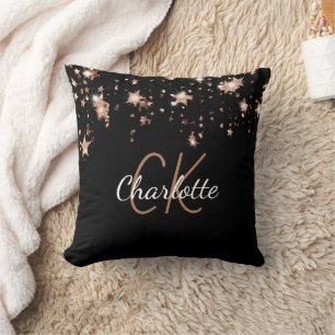 Black gold monogram name stars cushion