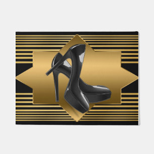 Black Gold Monogram Pattern & High Heels Doormat