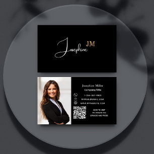 Black gold monogram photo Qr code Business Card