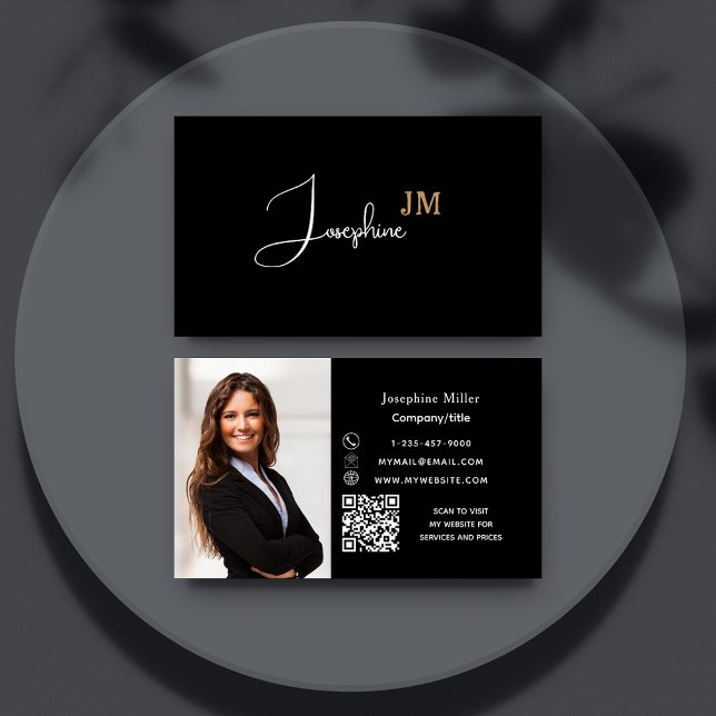 Black gold monogram photo Qr code Business Card (Creator Uploaded)
