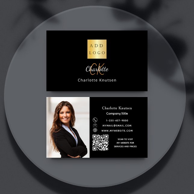 Black gold monogram photo Qr code logo Business Card (Creator Uploaded)