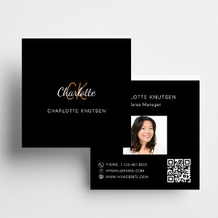 Black gold monogram photo Qr code Square Business Card