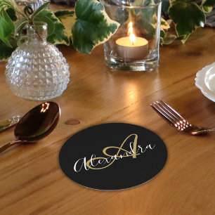 Black Gold Monogram Script Name Cheers Round Paper Coaster