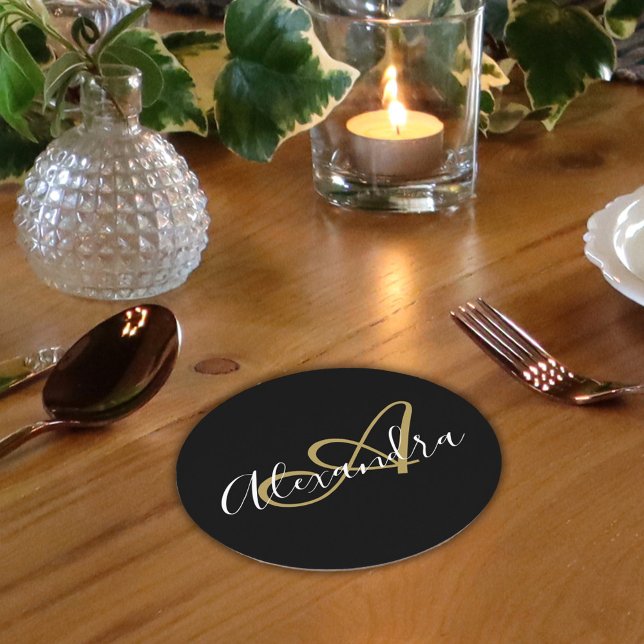 Black Gold Monogram Script Name Cheers Round Paper Coaster (Monogram Black Gold Elegant Script Name Round Paper Coaster)