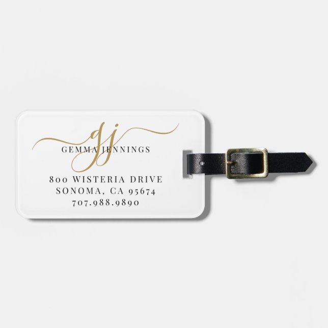 Black Gold Monogram Script Name  Luggage Tag (Front Horizontal)