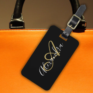 Black Gold Monogram Script Name Travel Luggage Tag