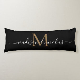 Black Gold Monogram Script Newlywed Anniversary Body Cushion