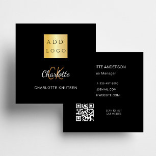 Black gold monogram simple Qr code logo Square Business Card