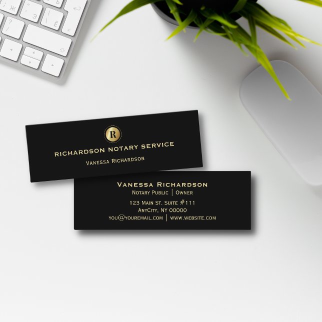 Black & Gold Monogram Sleek Notary Business  Mini Business Card (Creator Uploaded)