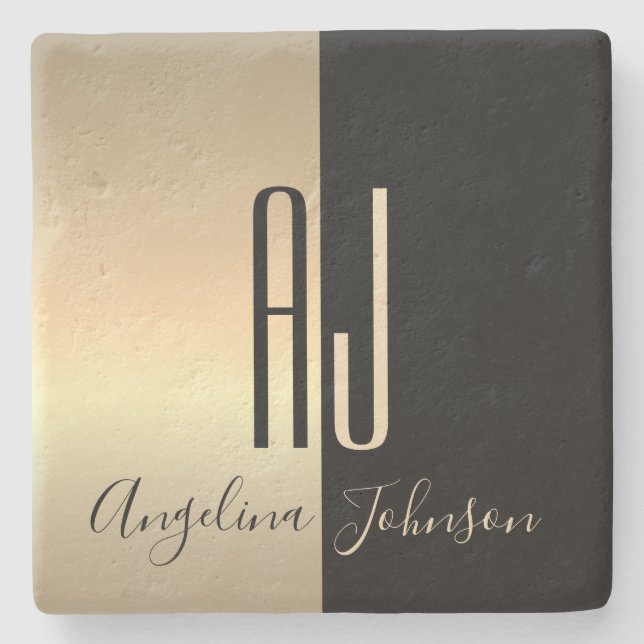 Black Gold Monogram Stone Coaster (Front)