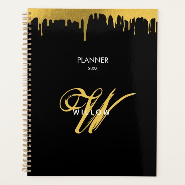 Black Gold Monogram Vintage Script Calendar Planner (Front)