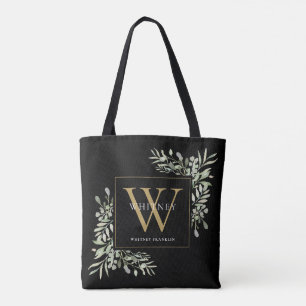 Black Gold Monogram Watercolor Greenery Leaves Tot Tote Bag