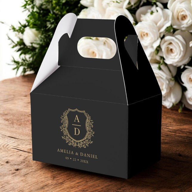 Black Gold Monogram Wedding Black Crest Modern Favour Box (Creator Uploaded)