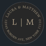 Black Gold Monogram Wedding Classic Round Sticker<br><div class="desc">Modern and minimalist wedding Sticker featuring your two initial monogram and address. A simple design that still comes across as chic and stylish. These envelopes are a great way to add an elegant touch to your wedding invitation suite.</div>