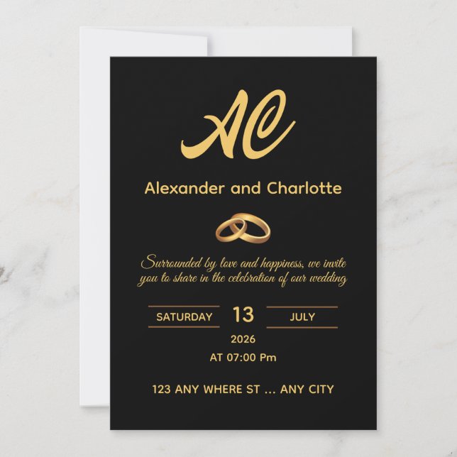 Black Gold Monogram Wedding Invitation (Front)