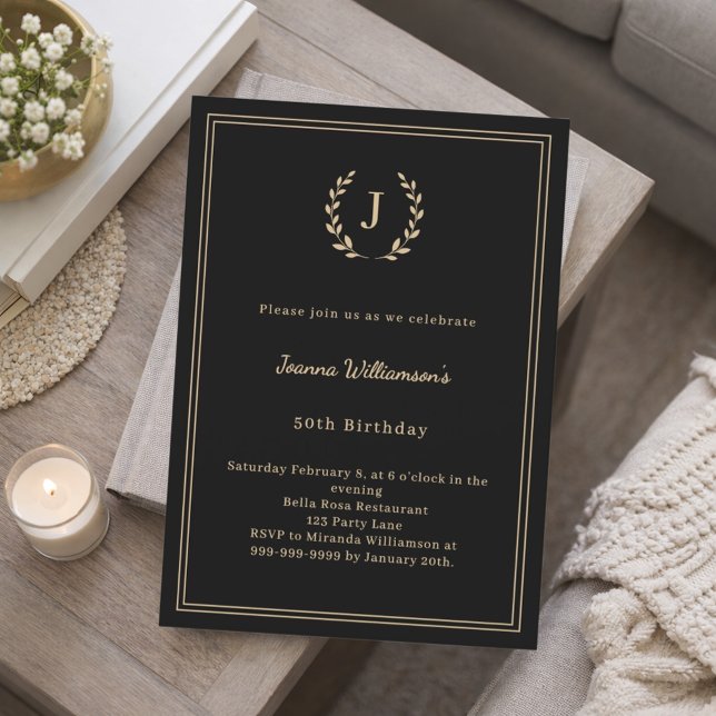 Black gold monogram wreath minimalist birthday invitation (Creator Uploaded)