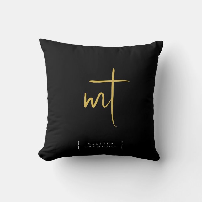 Black Gold Monogrammed Initials Script Typography  Cushion (Front)