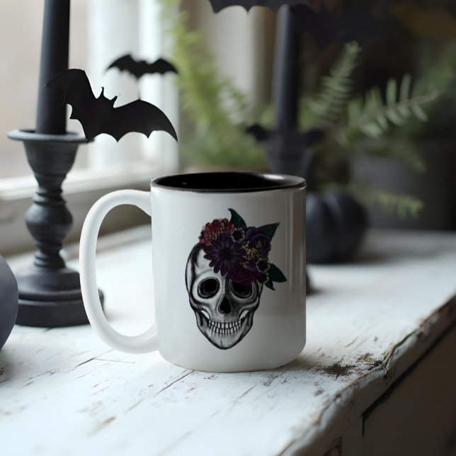 Black & Gold Moody Floral Halloween Skull Monogram Two-Tone Coffee Mug (Black & Gold Moody Floral Halloween Skull Monogram Two-Tone Coffee Mug)