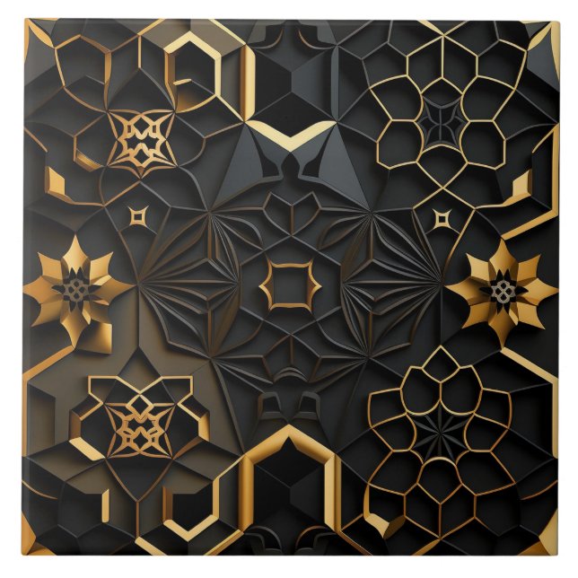 Black Gold Mosaic Flowers Ceramic Tile (Front)