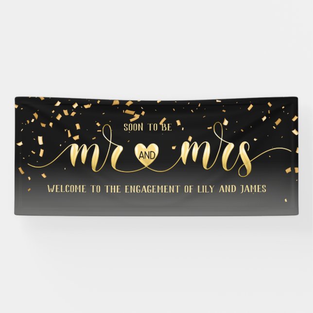 Black Gold Mr and Mrs Engagement Banner (Horizontal)