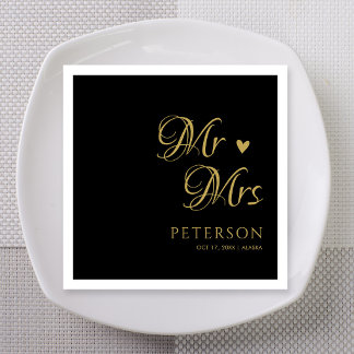 Black Gold Mr & Mrs Heart Wedding Custom Napkin
