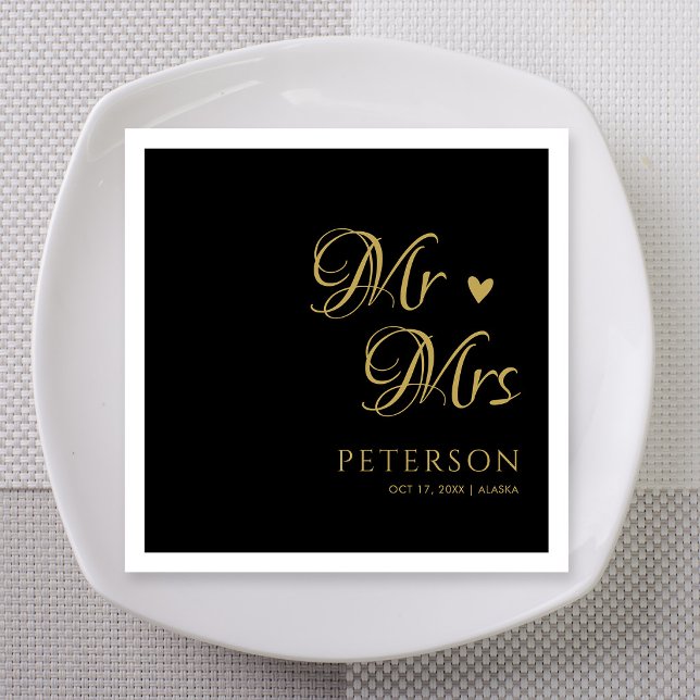 Black Gold Mr & Mrs Heart Wedding Custom Napkin (Black gold Mr and Mrs heart wedding custom napkins elegant reception with names date)