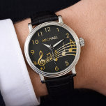 Black gold music notes name watch<br><div class="desc">Simple and elegant for a music lover or musician! Black background with faux gold music notes. Template for your name,  golden letters.  Golden clock numbers.</div>