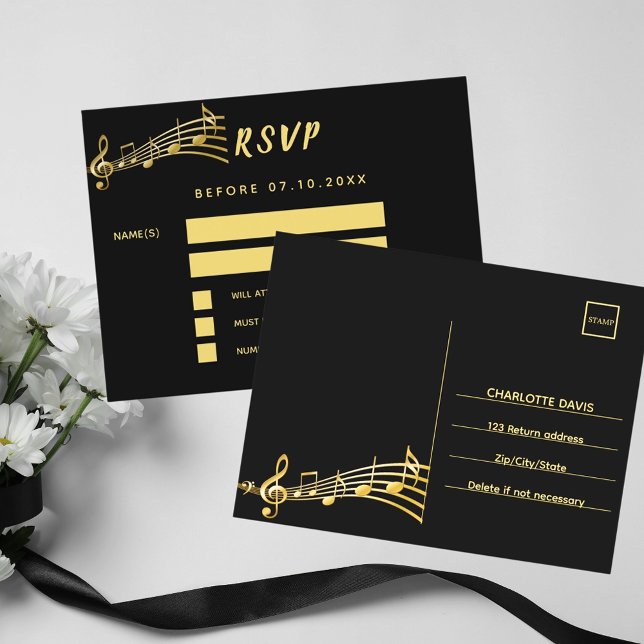 Black gold music notes return address RSVP card (Creator Uploaded)