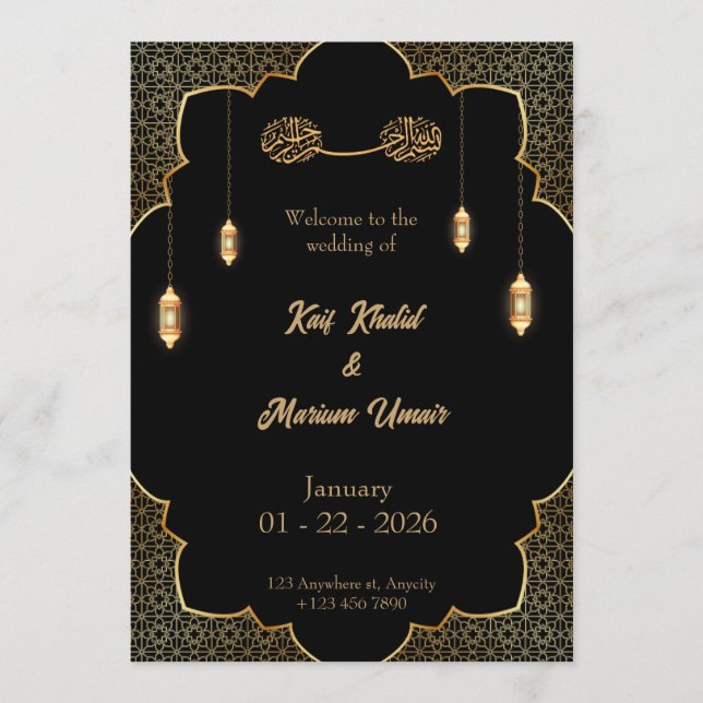 Black & Gold Muslim wedding invitation Editable (Front)