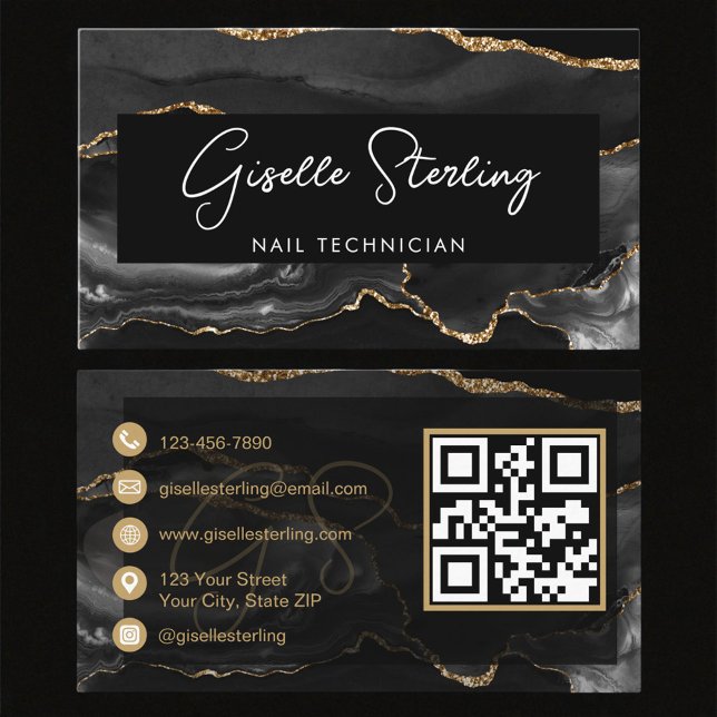 Black Gold Nail Technician QR Code   Business Card (Creator Uploaded)